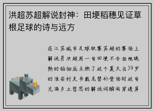 洪超苏超解说封神：田埂稻穗见证草根足球的诗与远方
