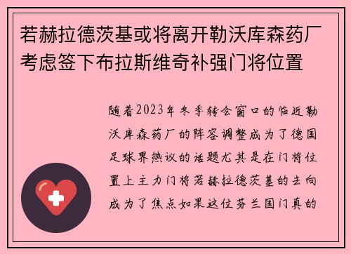 若赫拉德茨基或将离开勒沃库森药厂考虑签下布拉斯维奇补强门将位置